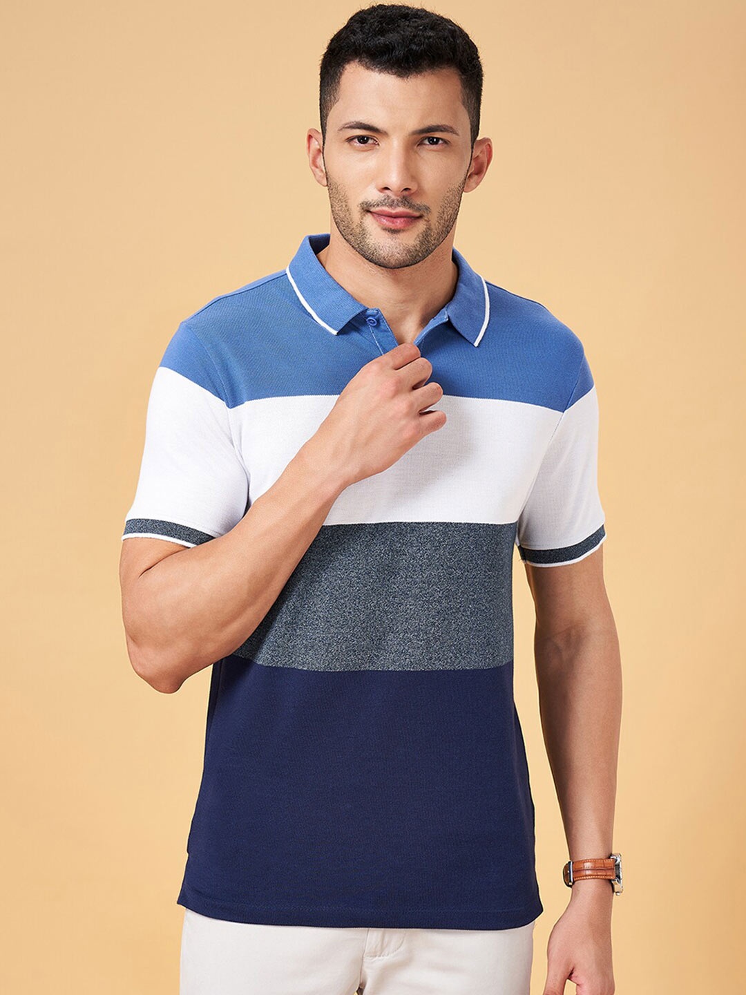 

BYFORD by Pantaloons Colourblocked Polo Collar Slim Fit T-shirt, Blue