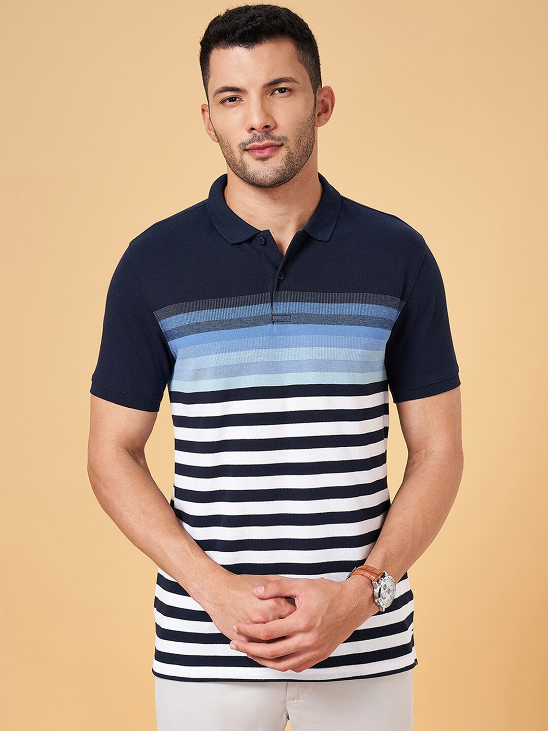 

BYFORD by Pantaloons Striped Polo Collar Slim Fit T-Shirt, Navy blue