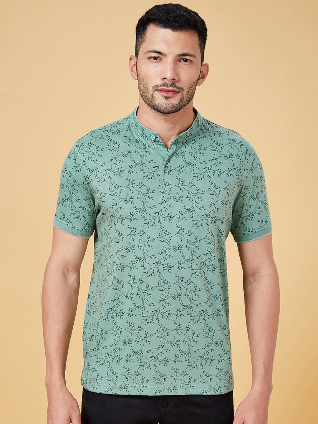 

BYFORD by Pantaloons Floral Printed Mandarin Collar Slim Fit T-Shirt, Sea green