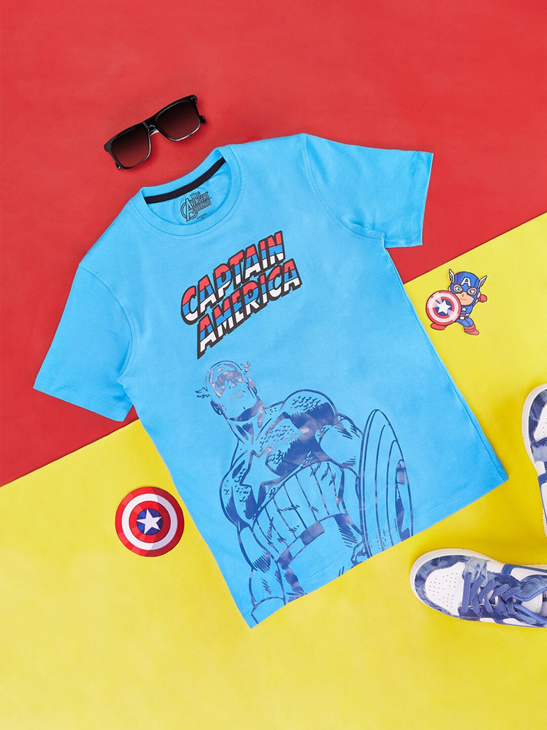

Pantaloons Junior Boys Typography Captain America Printed Cotton T-shirts, Blue