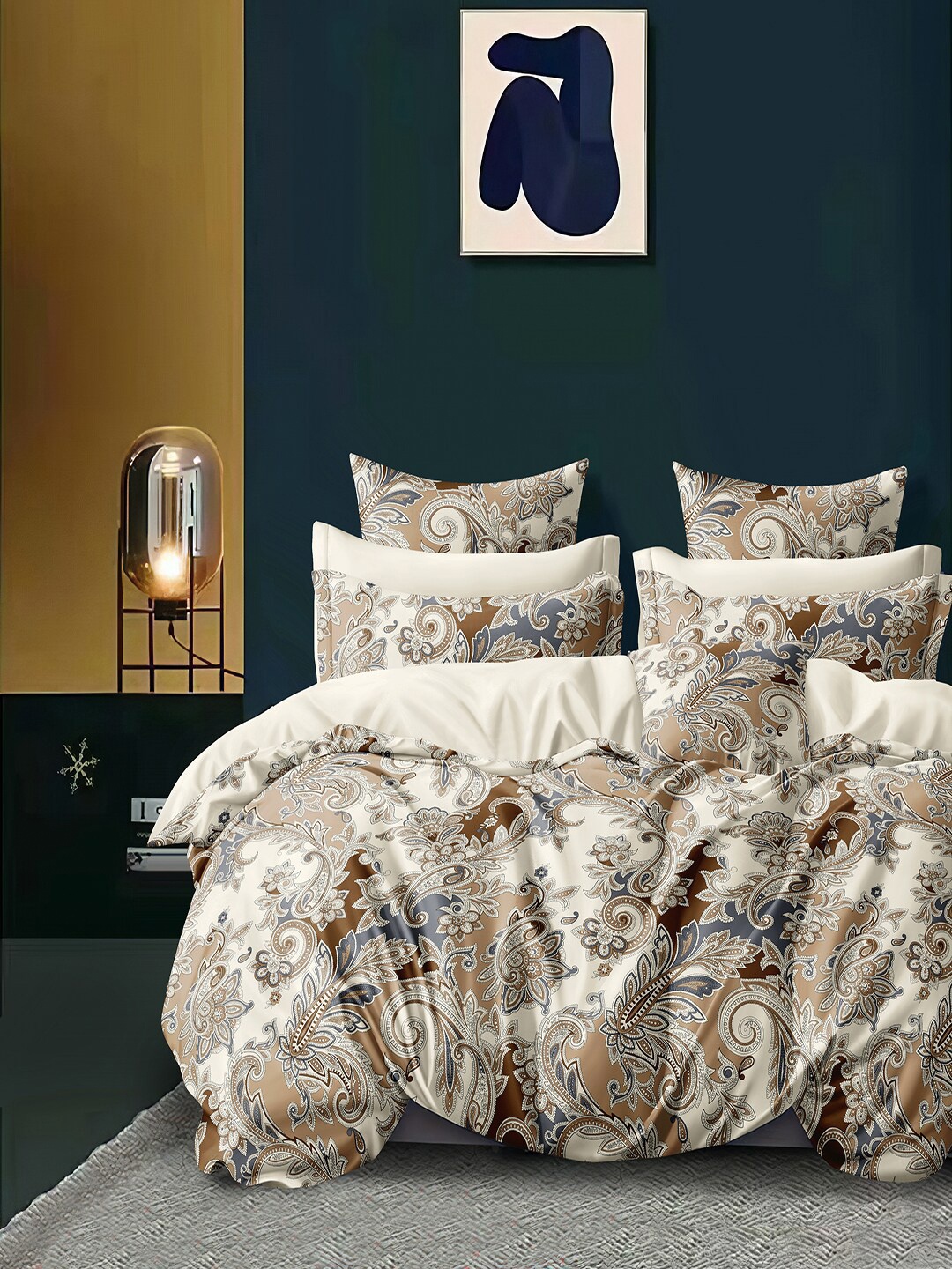 Cortina White Beige Printed 144 TC Queen Bedsheet With 2 Pillow Covers