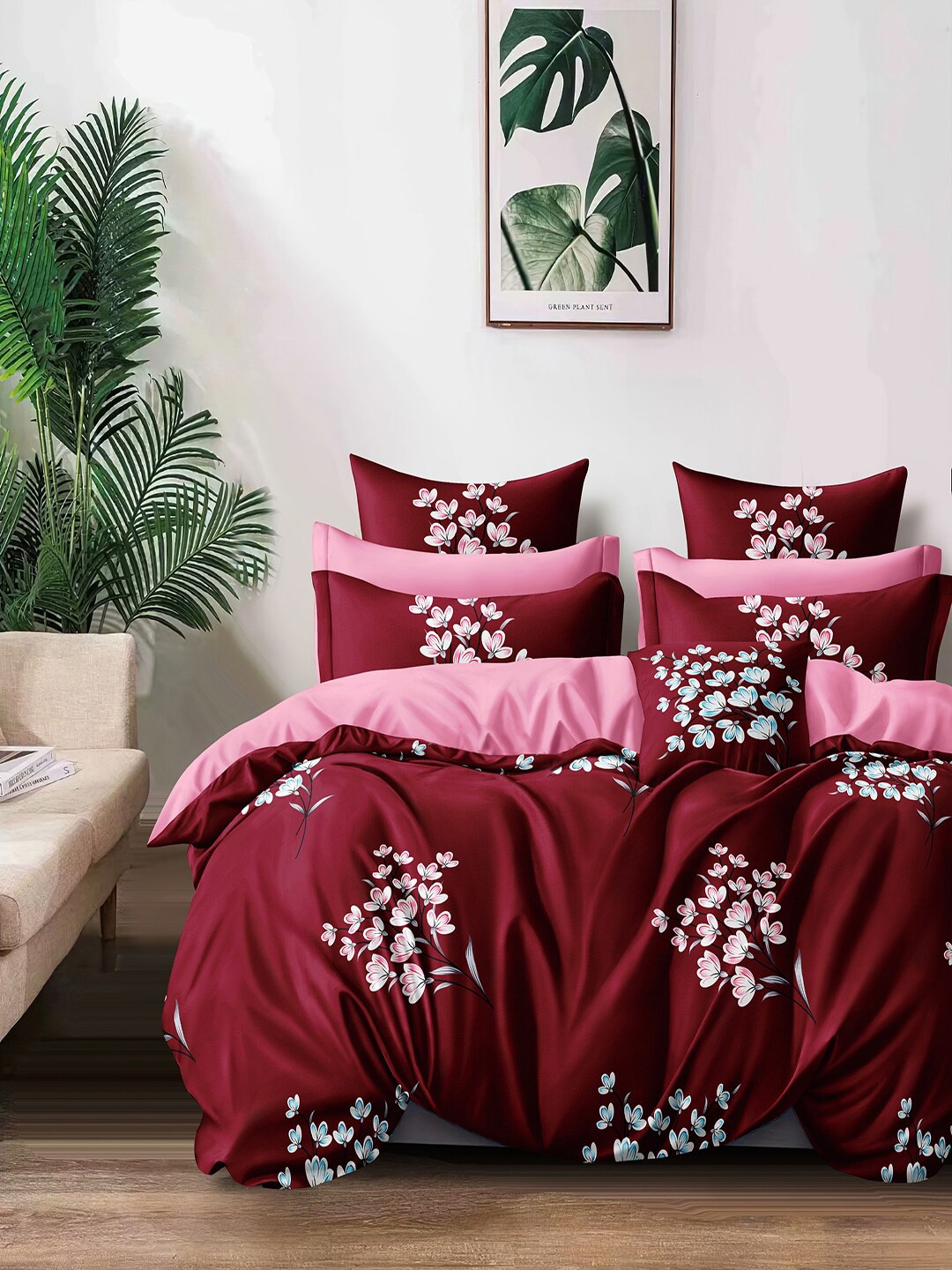 

Cortina Red White Floral 144 TC Microfiber Queen Bedsheet With 2 Pillow Covers