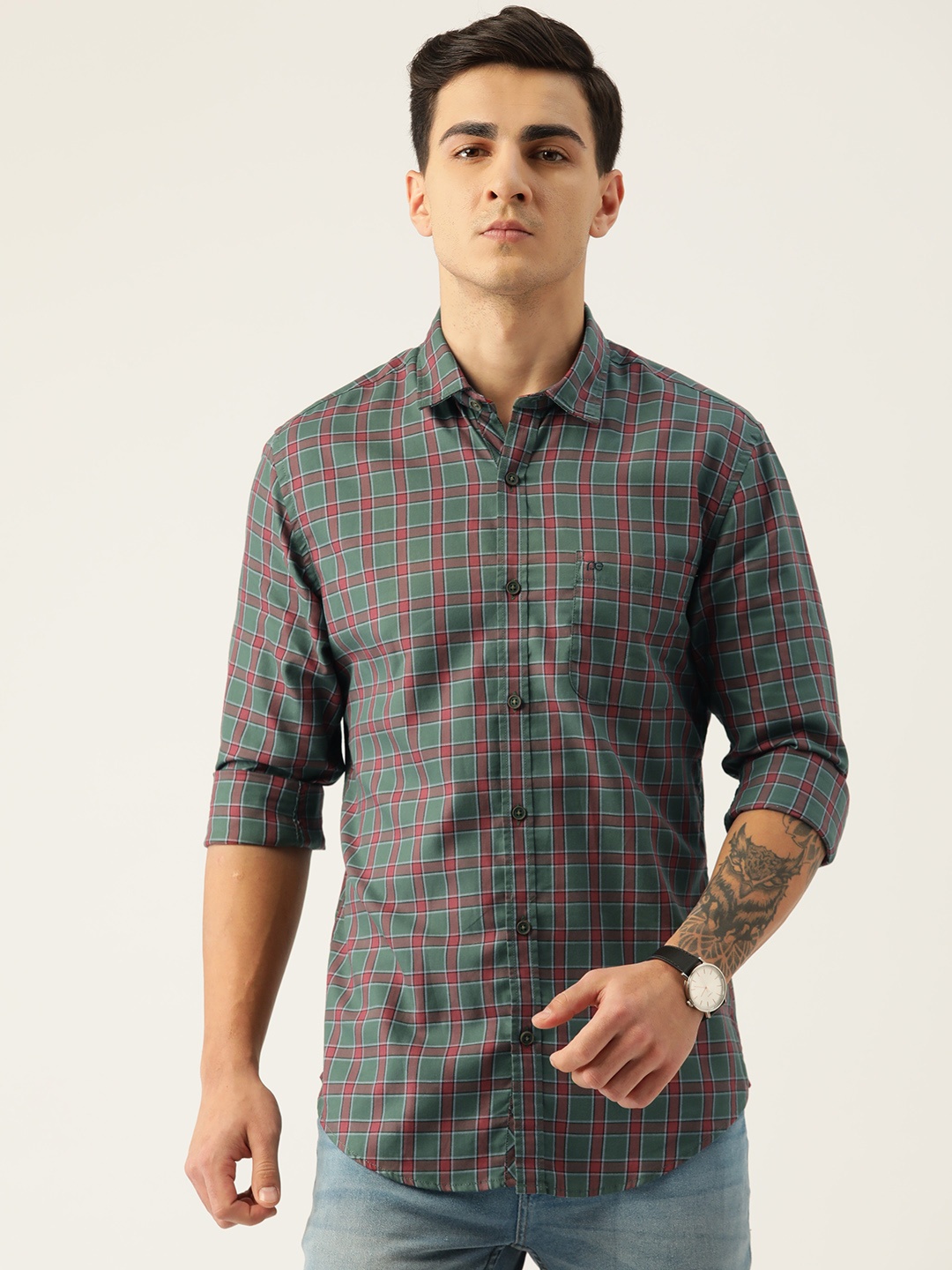 

Peter England Casuals Men Slim Fit Windowpane Checked Pure Cotton Shirt, Green