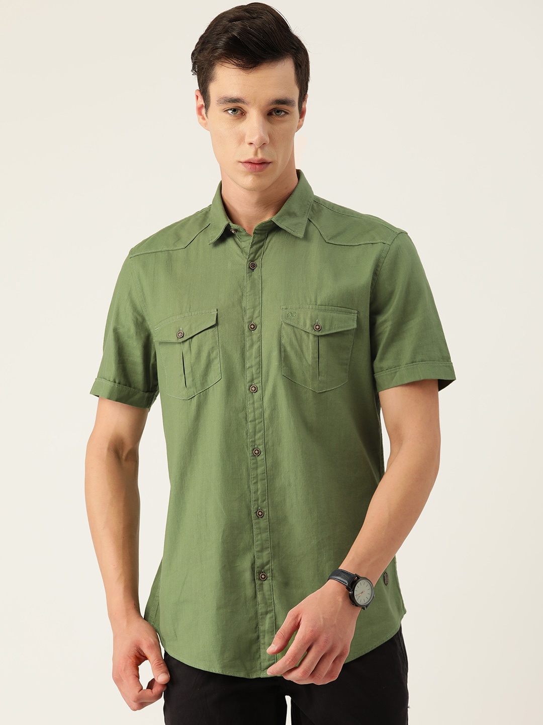 

Peter England Casuals Men Pure Cotton Slim Fit Casual Shirt, Green