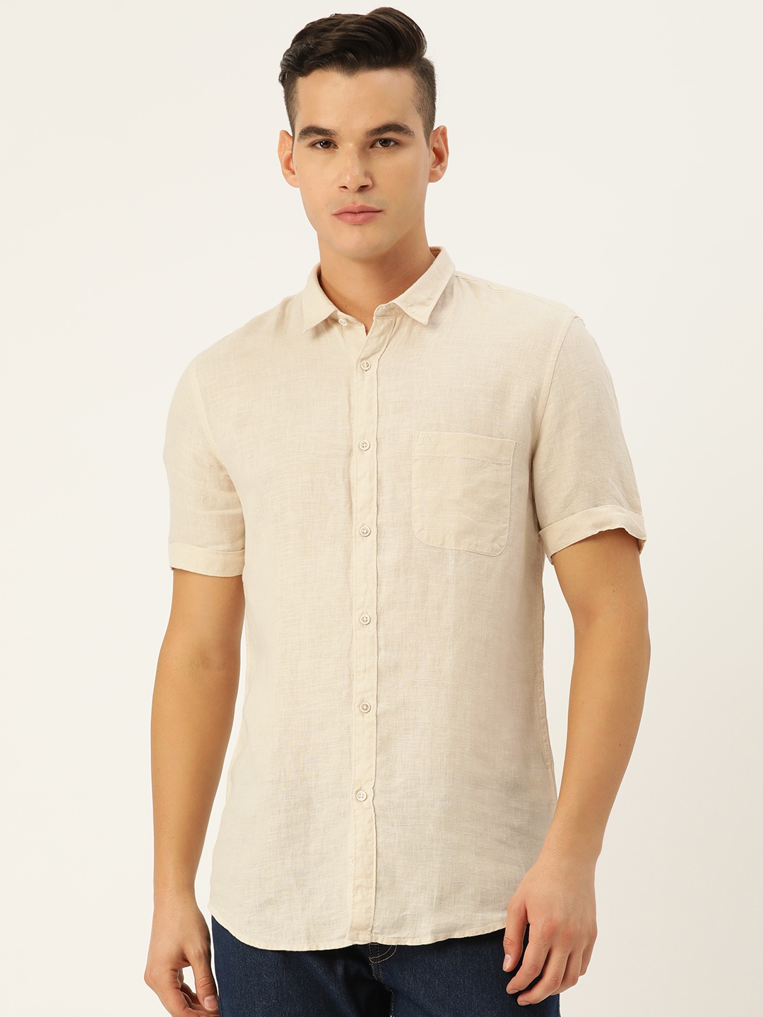 

Peter England Casuals Men Slim Fit Pure Linen Casual Shirt, Beige
