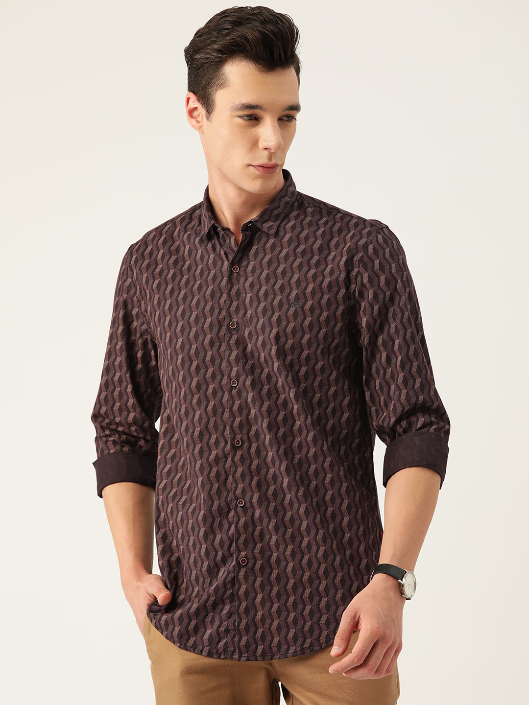 

Peter England Casuals Men Printed Slim Fit Pure Cotton Shirt, Burgundy