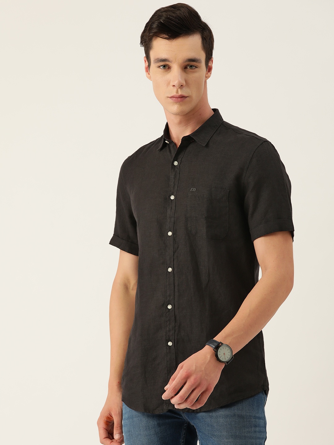 

Peter England Casuals Men Super Slim Fit Linen Casual Shirt, Black