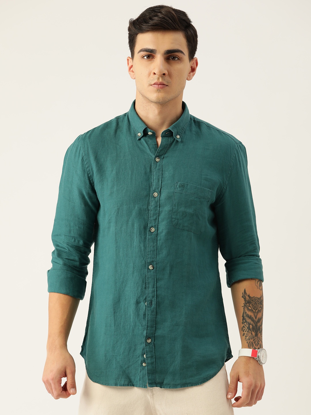 

Peter England Casuals Linen Super Slim Fit Opaque Casual Shirt, Teal