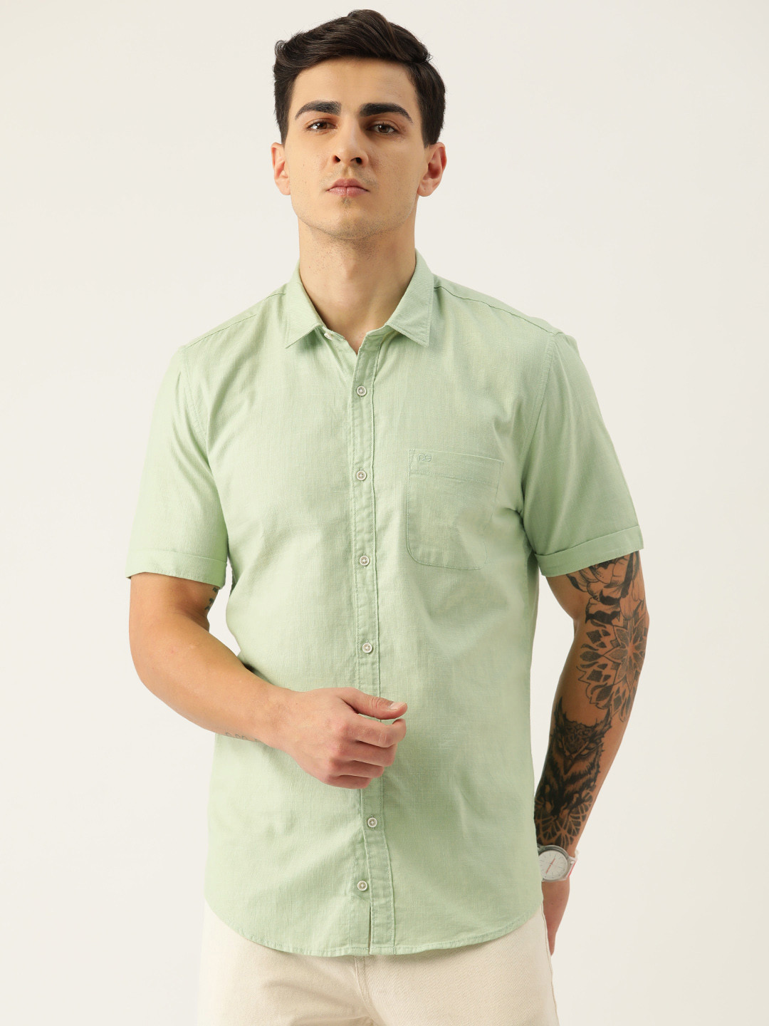 

Peter England Casuals Cotton Super Slim Fit Casual Shirt, Green