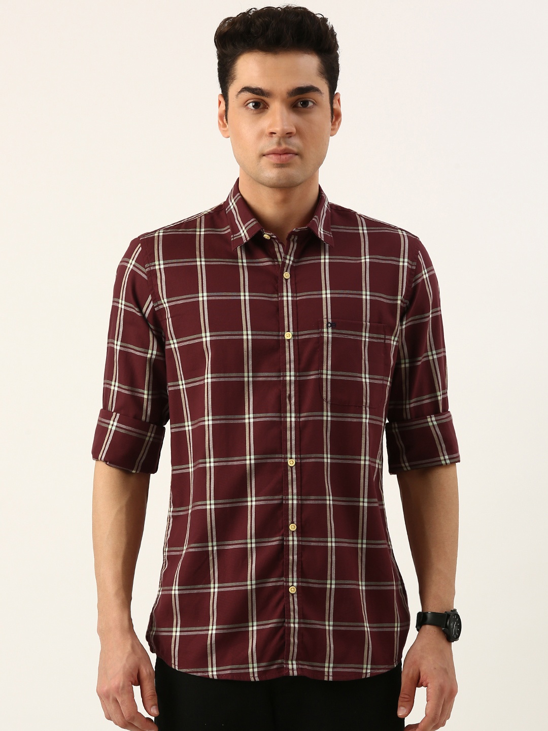 

Peter England Casuals Pure Cotton Slim Fit Opaque Checked Casual Shirt, Maroon