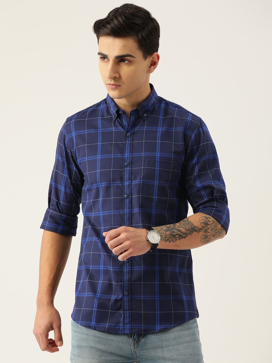 

Peter England Casuals Cotton Slim Fit Opaque Checked Casual Shirt, Blue