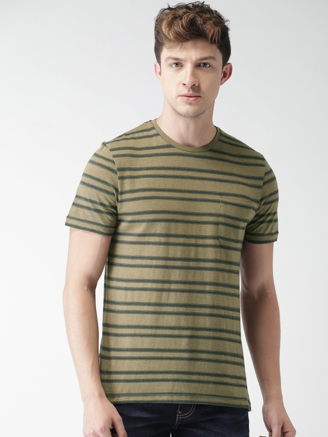 

Celio Men Khaki Striped Round Neck T-shirt