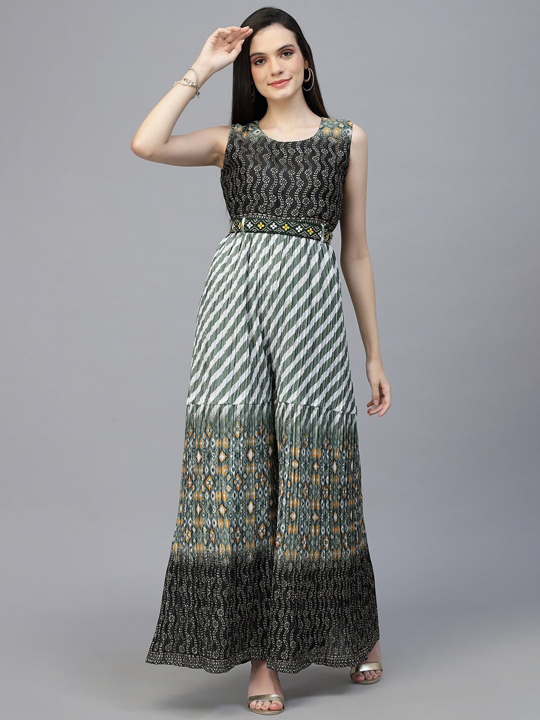 

KALINI Ethnic Motif Printed Sleeveless Basic Jumpsuit, Black