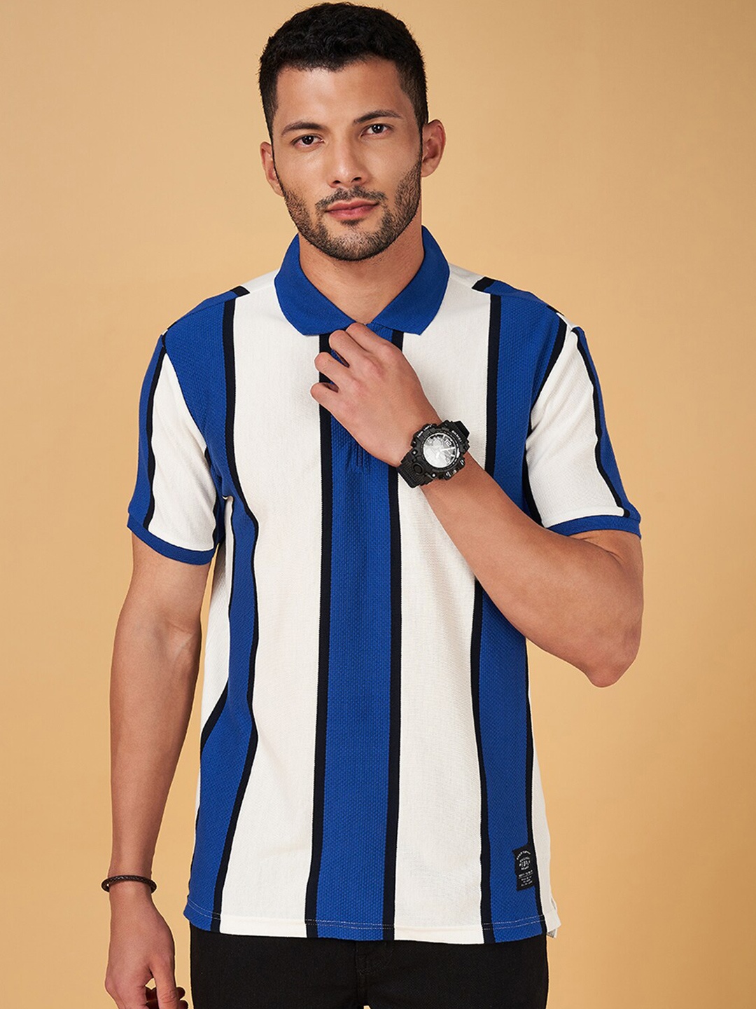 

People Striped Polo Collar Slim Fit Pure Cotton T-shirt, Blue