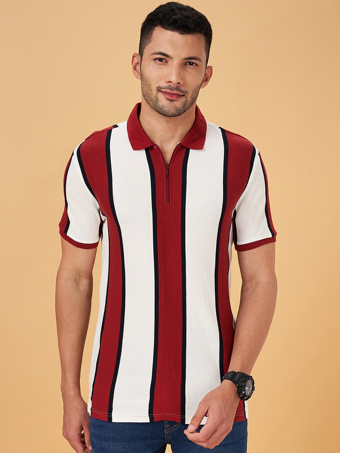 

People Striped Polo Collar Slim Fit Pure Cotton T-shirt, Red