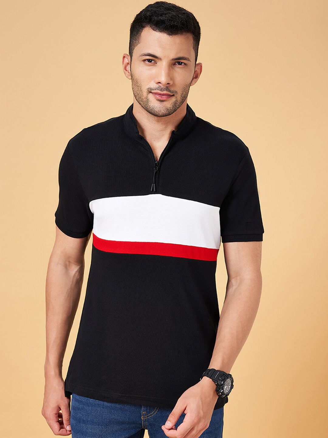 

People Colourblocked Mandarin Collar Slim Fit Cotton T-shirt, Black
