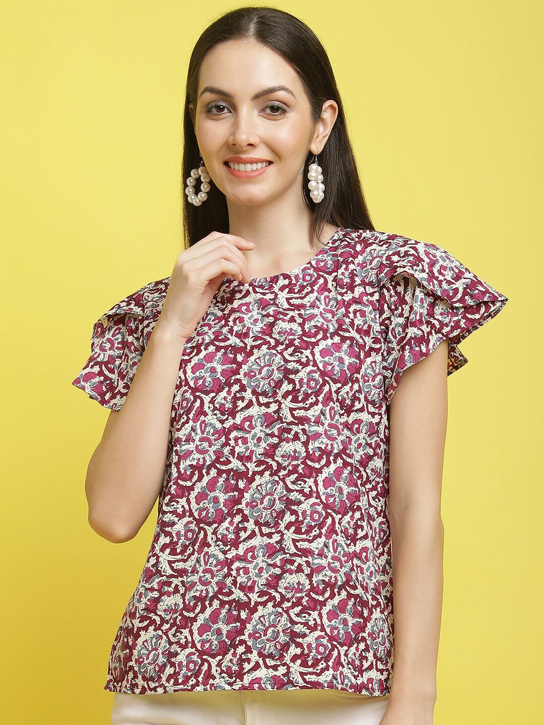

Poshyaa Floral Printed Flutter Sleeves Top, Maroon