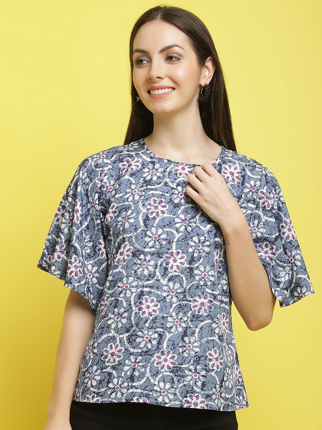 

Poshyaa Floral Printed Flared Sleeve Top, Blue