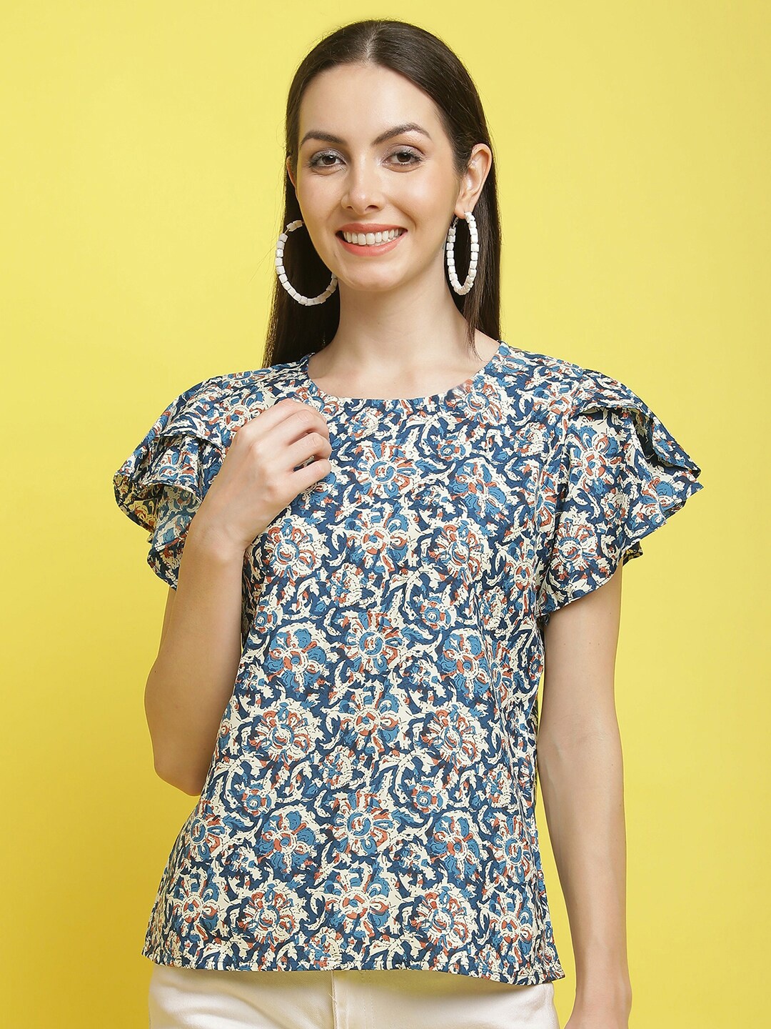 

Poshyaa Floral Printed Flutter Sleeve Top, Blue