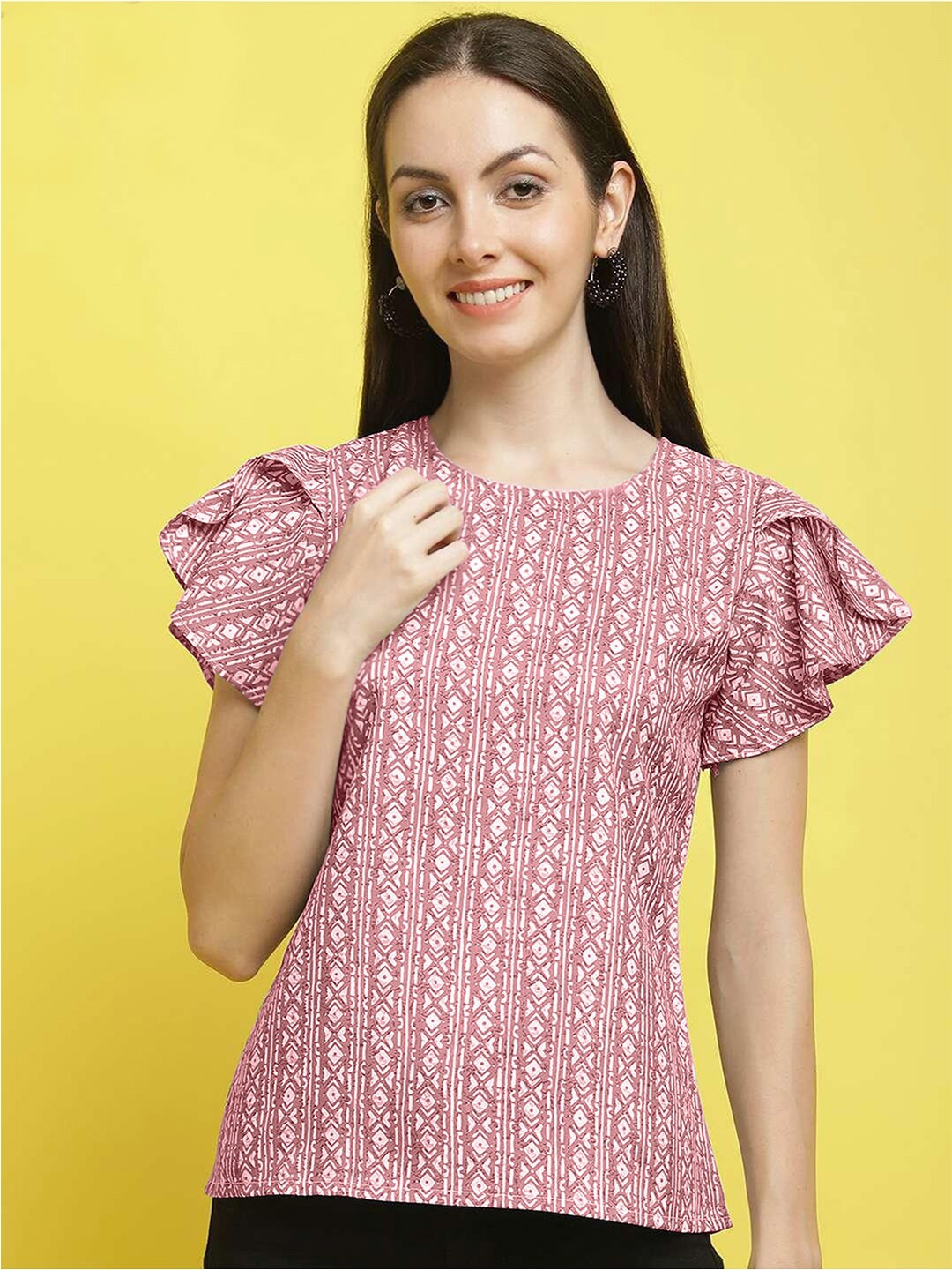 

Poshyaa Floral Printed Flutter Sleeve Crepe Top, Pink