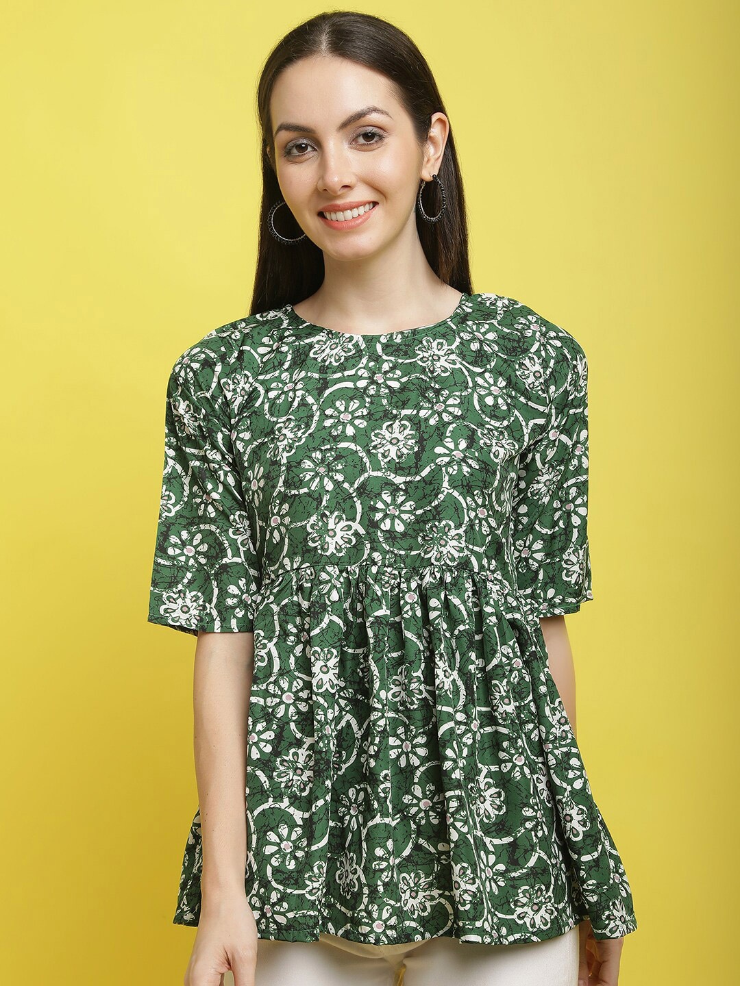 

Poshyaa Floral Printed A-Line Top, Green