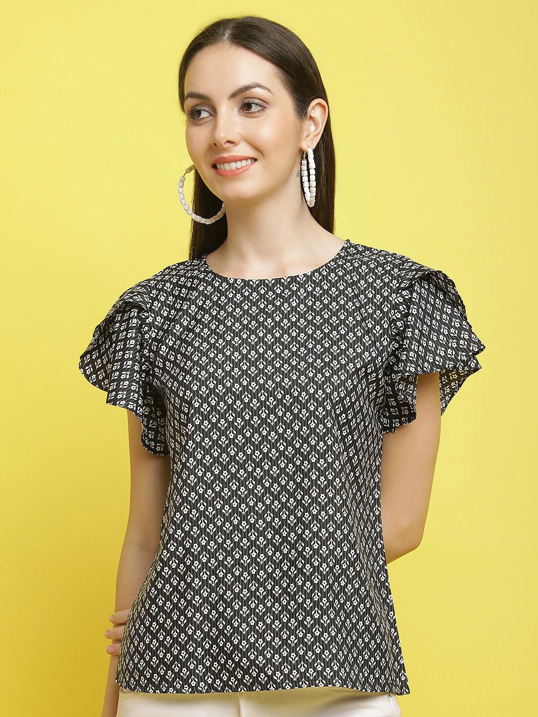 

Poshyaa Floral Printed Flutter Sleeve Top, Black