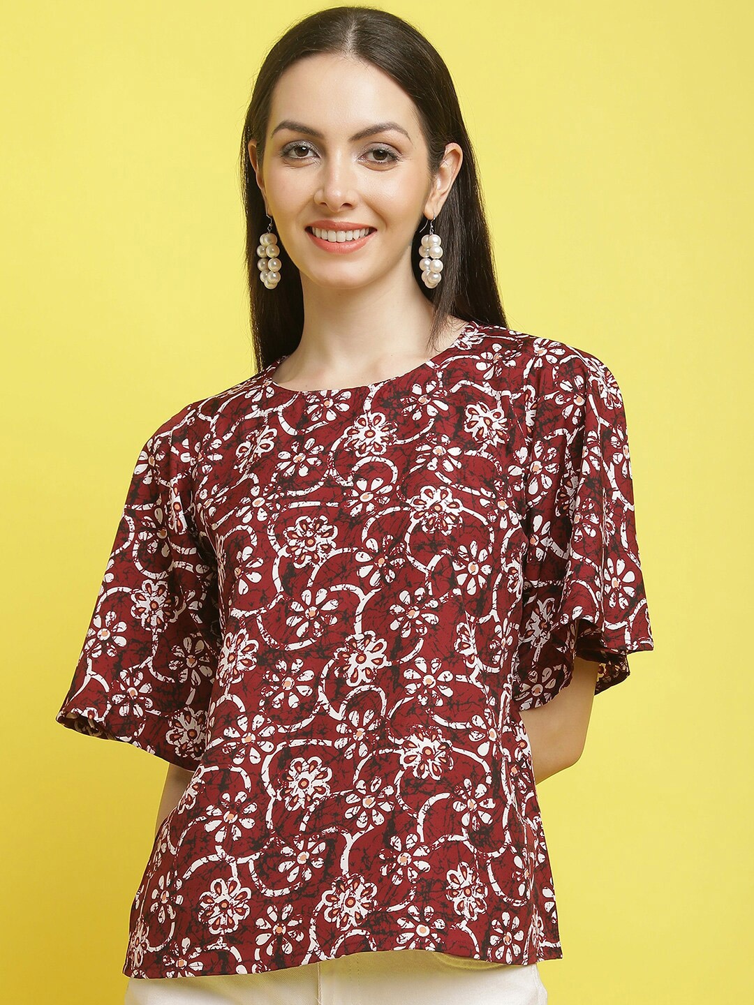 

Poshyaa Floral Printed Flared Sleeve Top, Red