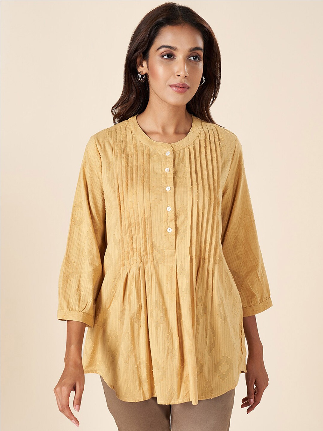 

AKKRITI BY PANTALOONS Self Design Mandarin Collar Cotton Tunic, Mustard