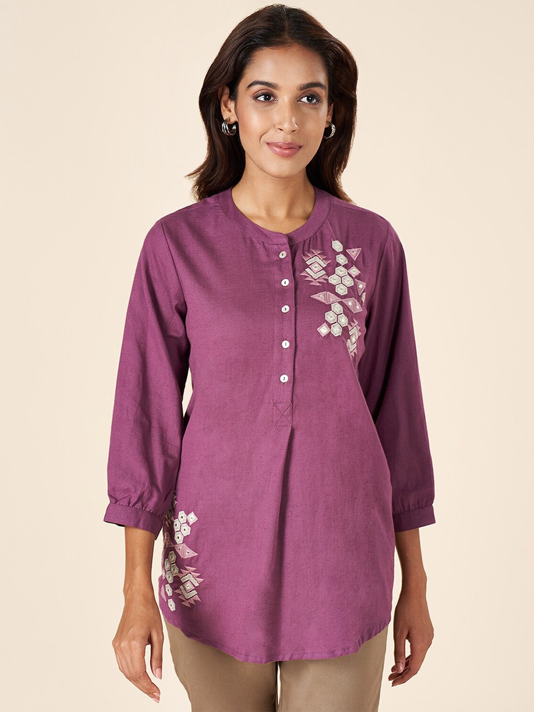 

AKKRITI BY PANTALOONS Floral Embroidered Mandarin Collar Cotton Tunic, Purple
