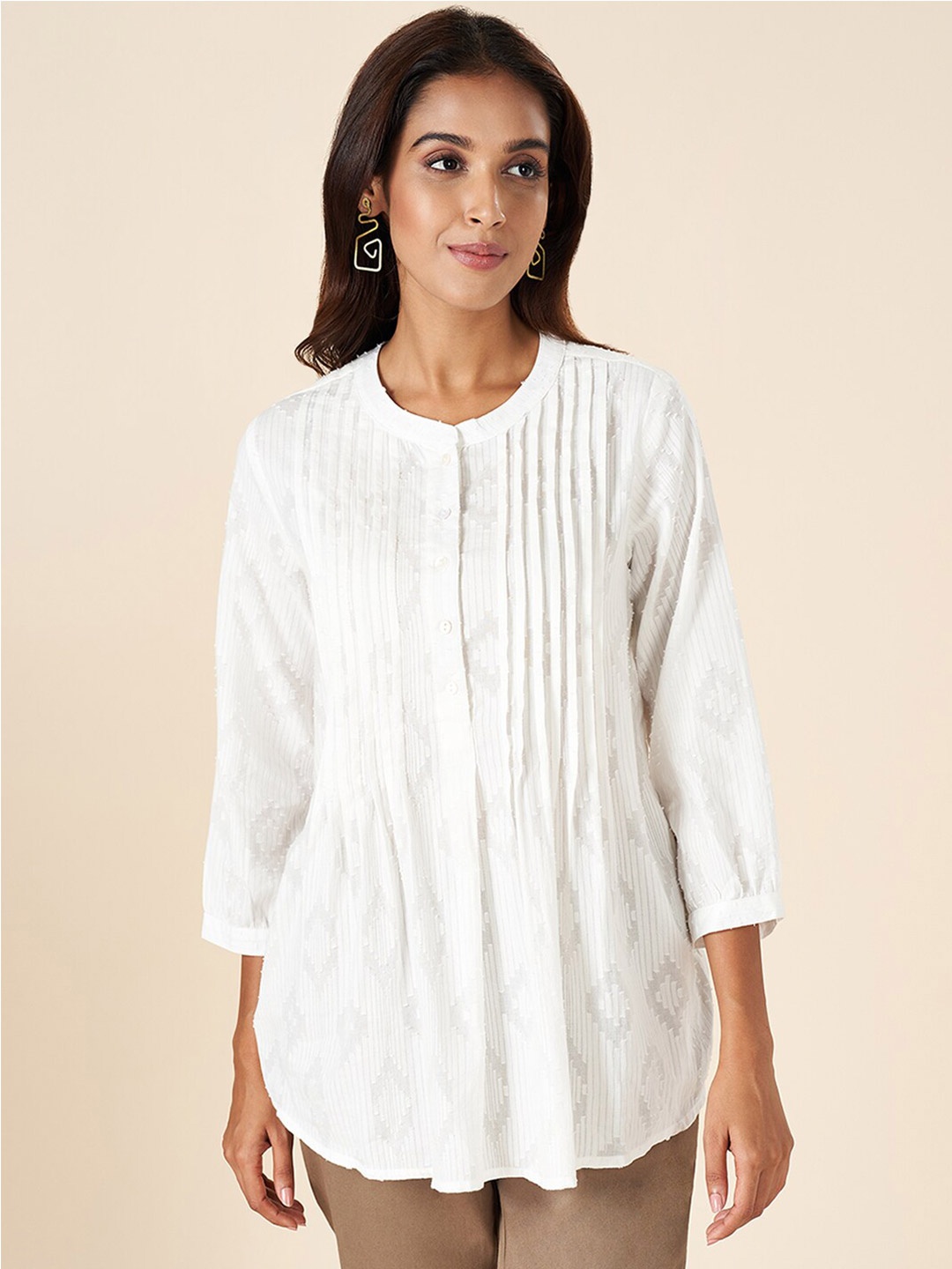 

AKKRITI BY PANTALOONS Self Design Mandarin Collar Cotton Tunic, White