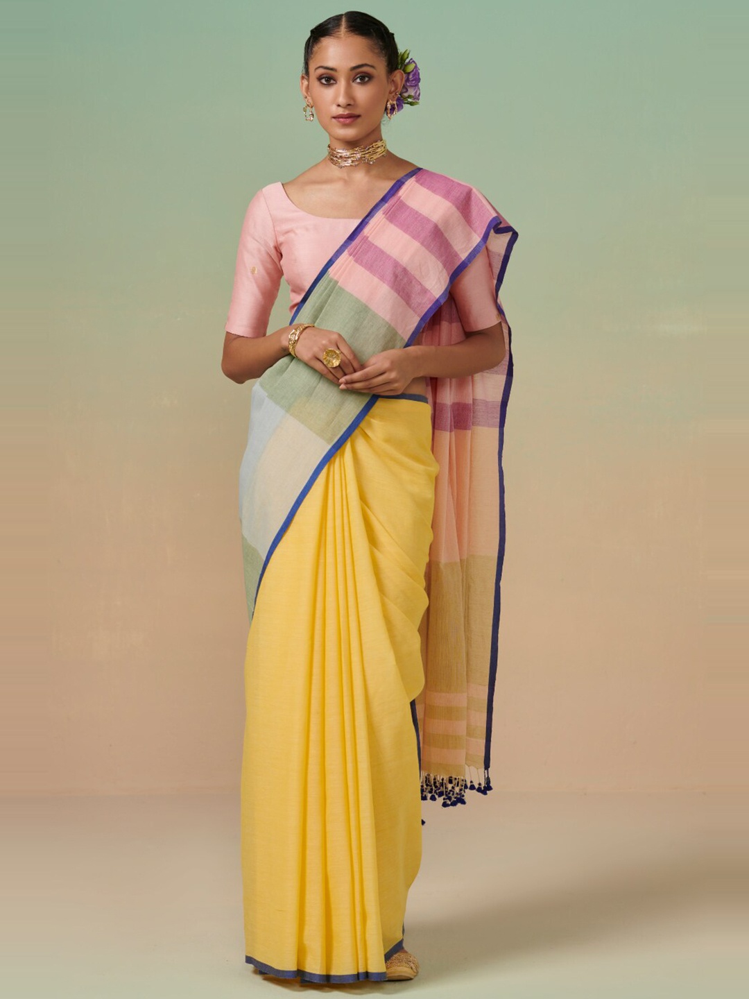 

Dressfolk Striped Pure Cotton Saree, Yellow