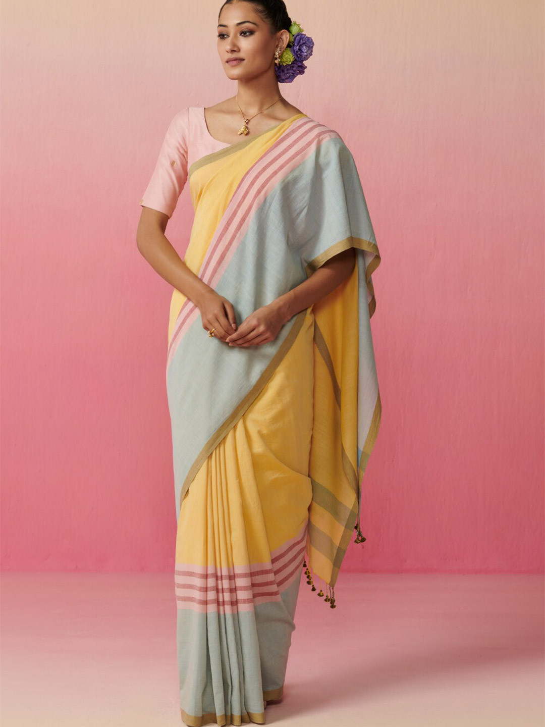 

Dressfolk Striped Pure Cotton Saree, Yellow