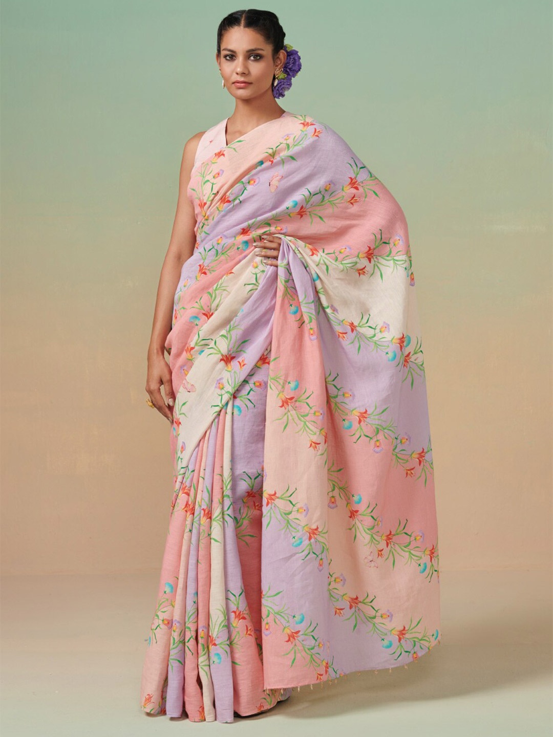 

Dressfolk Floral Printed Pure Linen Saree, Pink