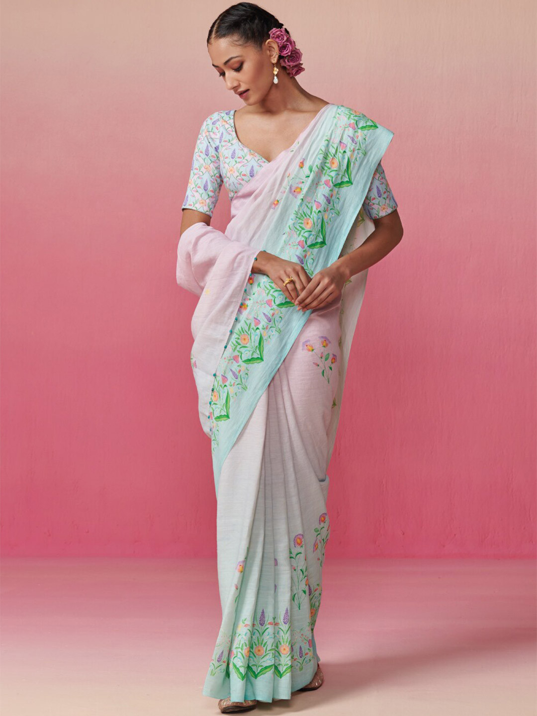 

Dressfolk Floral Printed Pure Linen Saree, Blue