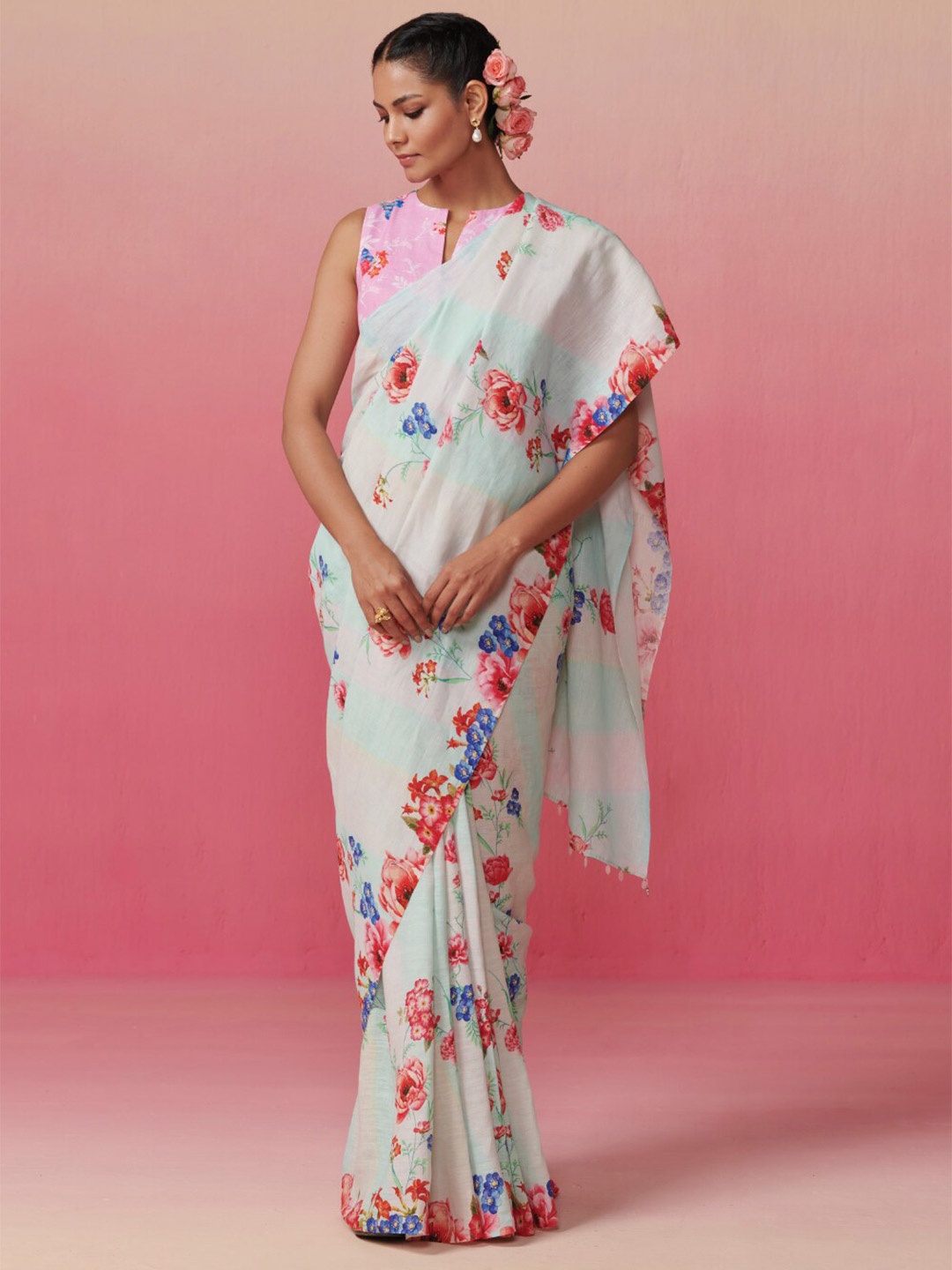 

Dressfolk Floral Printed Pure Linen Saree, Pink
