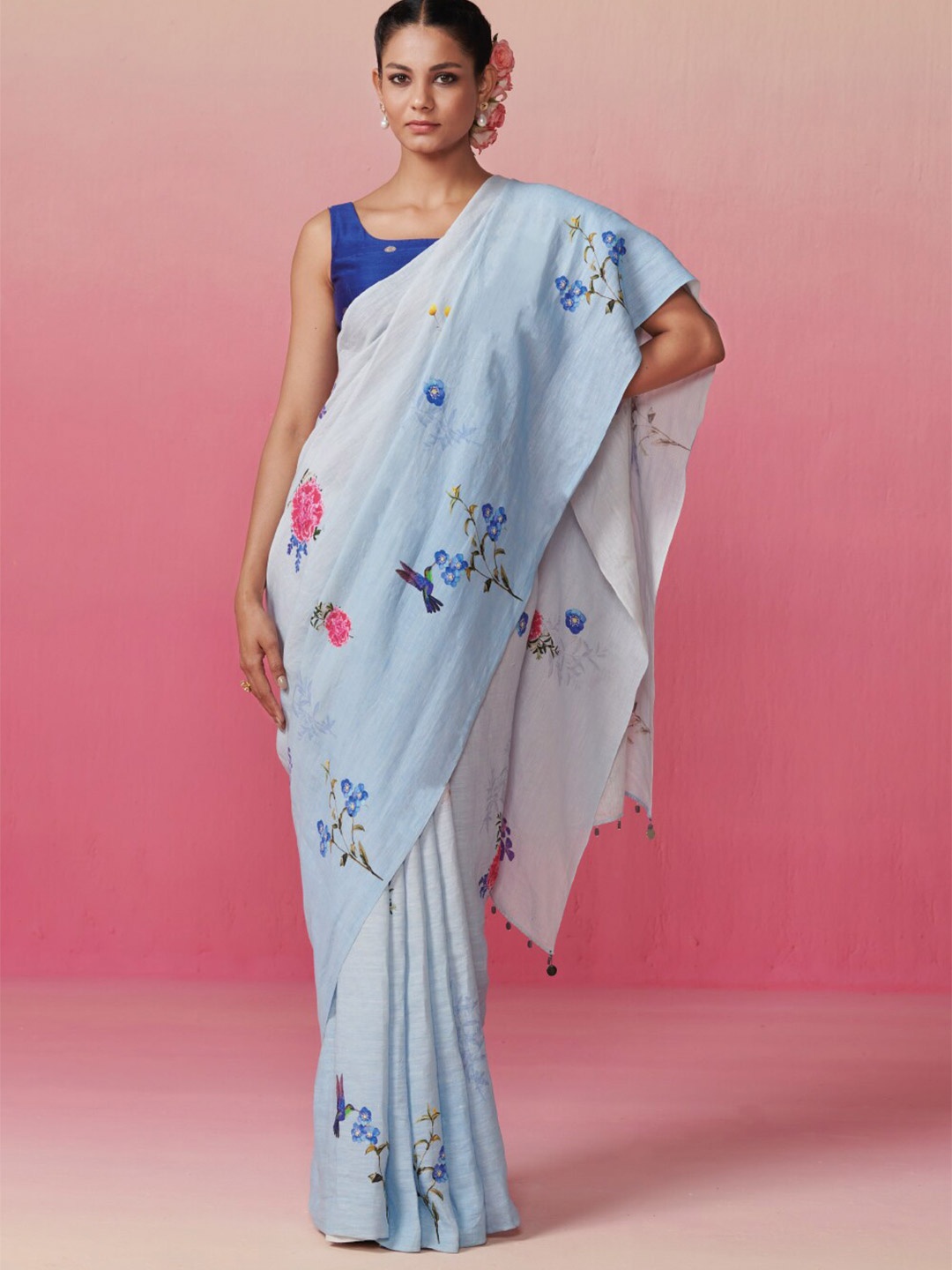 

Dressfolk Floral Printed Pure Linen Saree, Blue