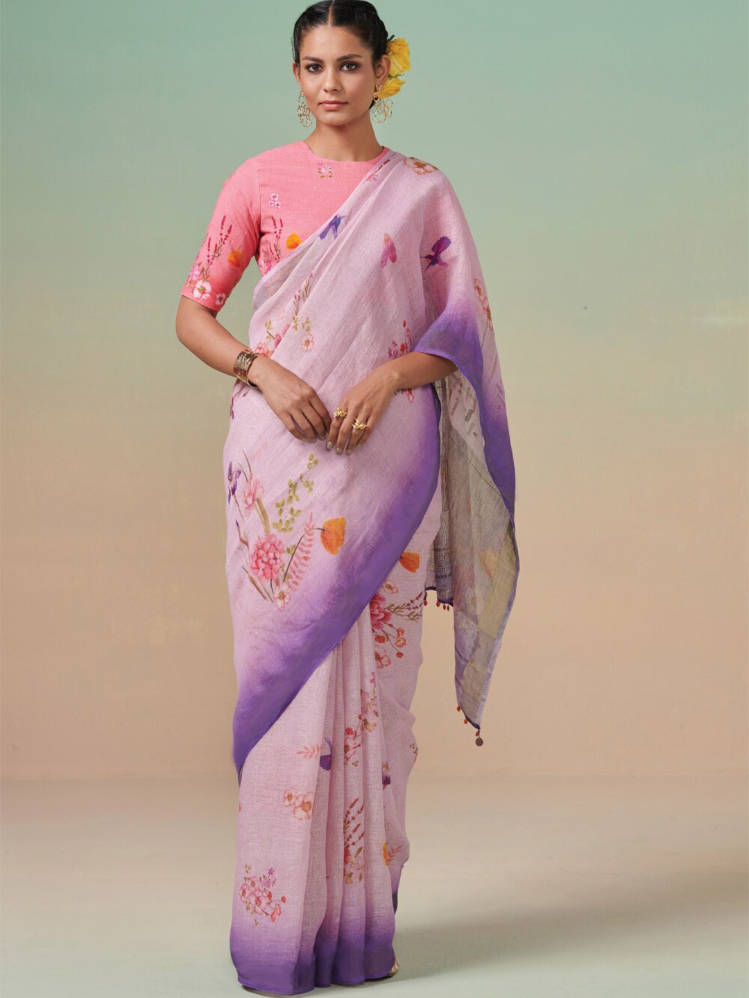 

Dressfolk Floral Printed Pure Linen Saree, Lavender