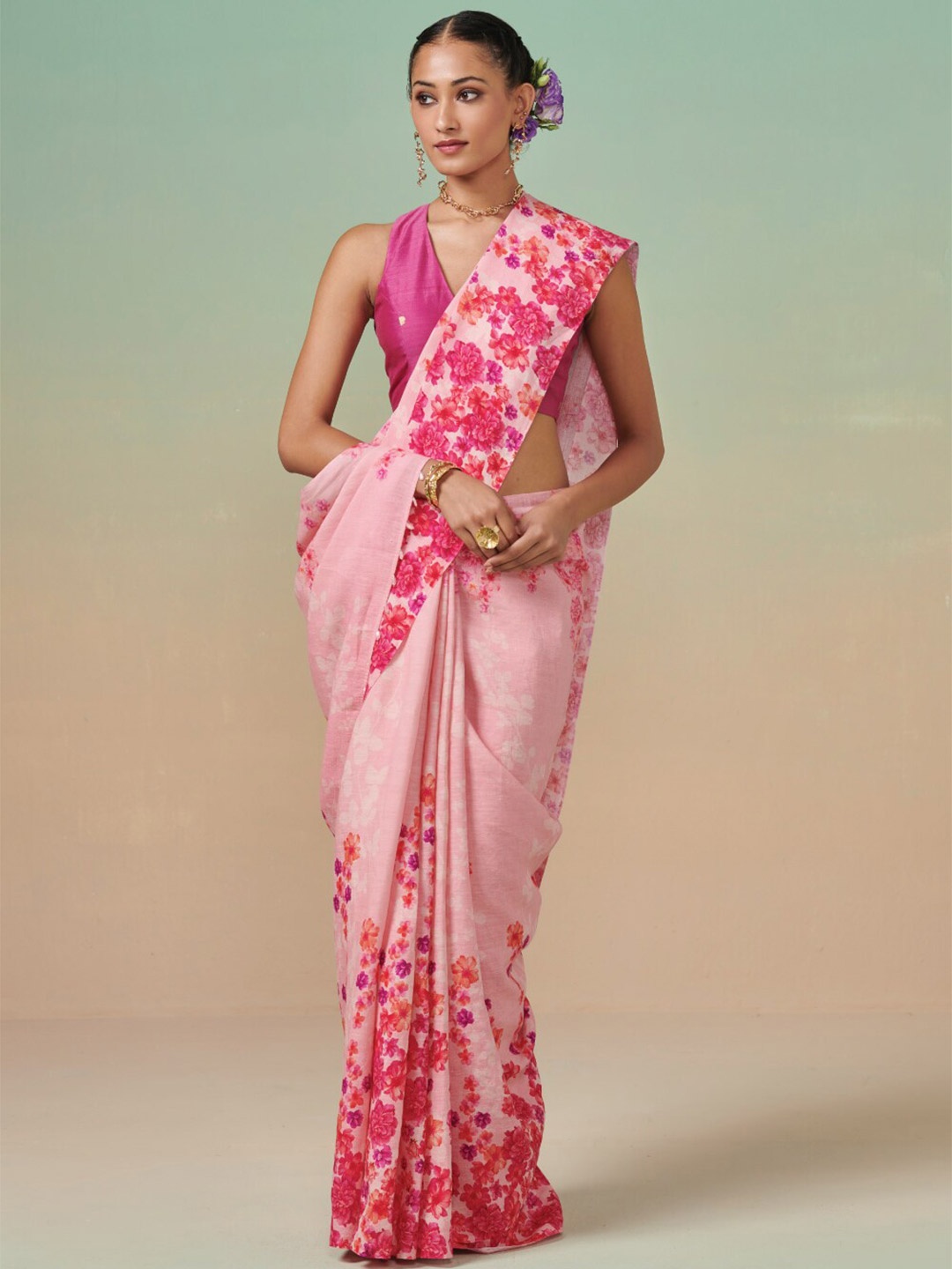 

Dressfolk Floral Printed Pure Linen Saree, Pink