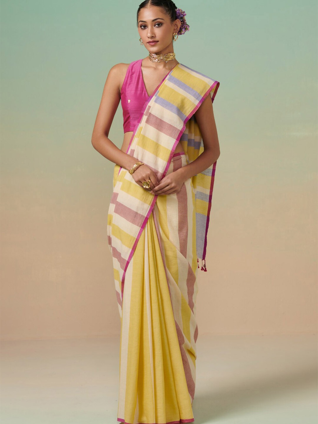 

Dressfolk Striped Pure Cotton Saree, Yellow