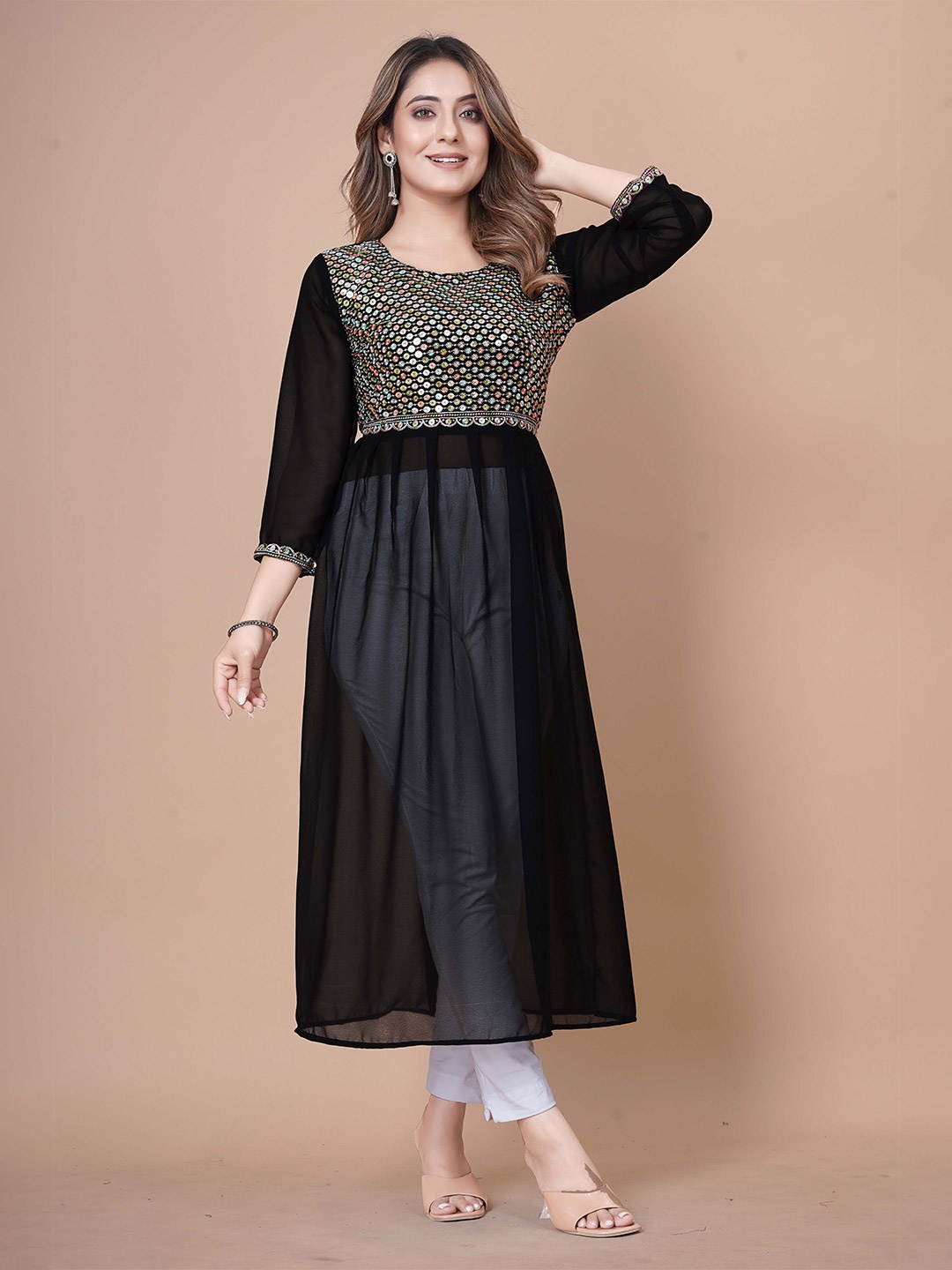 

WEAVETECH IMPEX Ethnic Motifs Yoke Design Sequined Shemi Sheer Pleated A-Line Kurta, Black