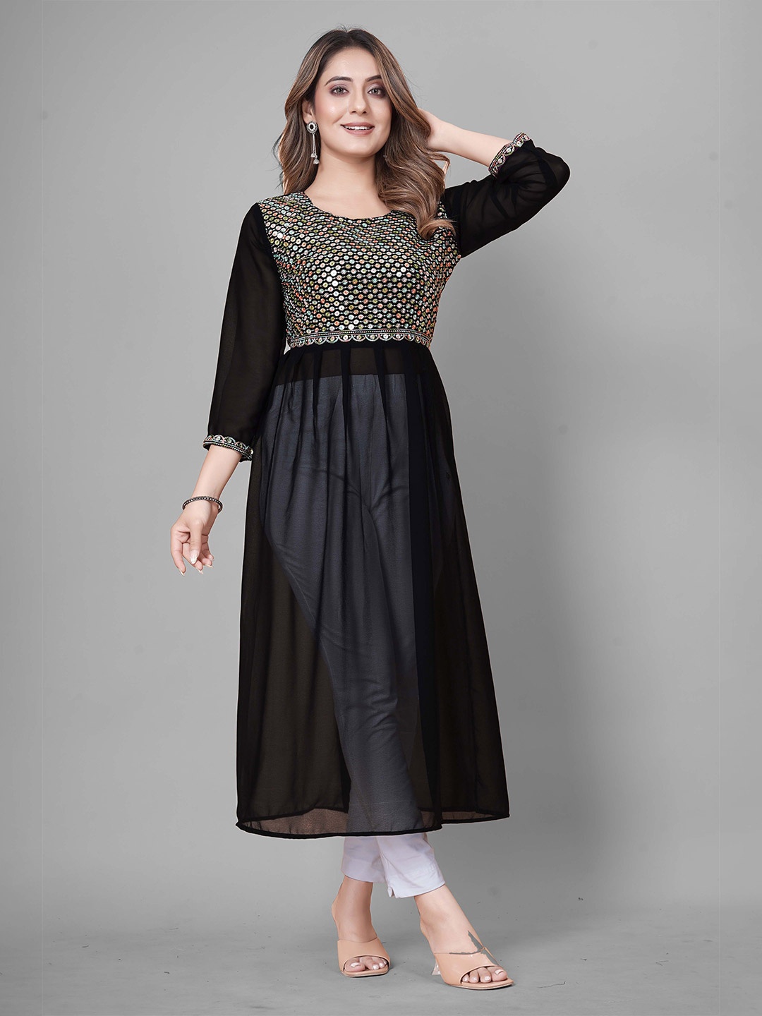 

WEAVETECH IMPEX Ethnic Motifs Yoke Design Sequined Shemi Sheer Pleated A-Line Kurta, Black