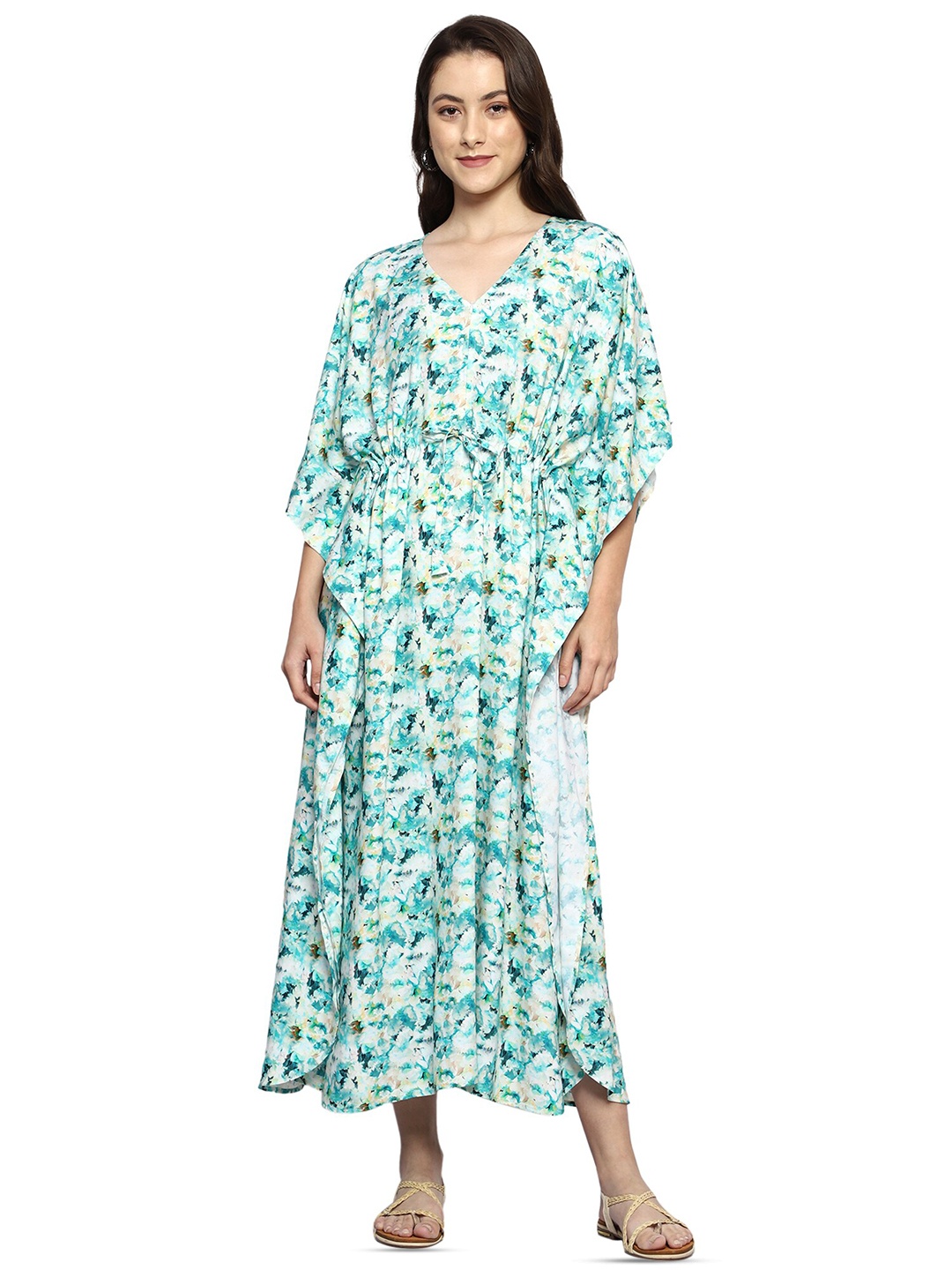 

CRAFTBAZAR Floral Printed Kimono Sleeve Tie-Up Maternity Kaftan Dress, Sea green