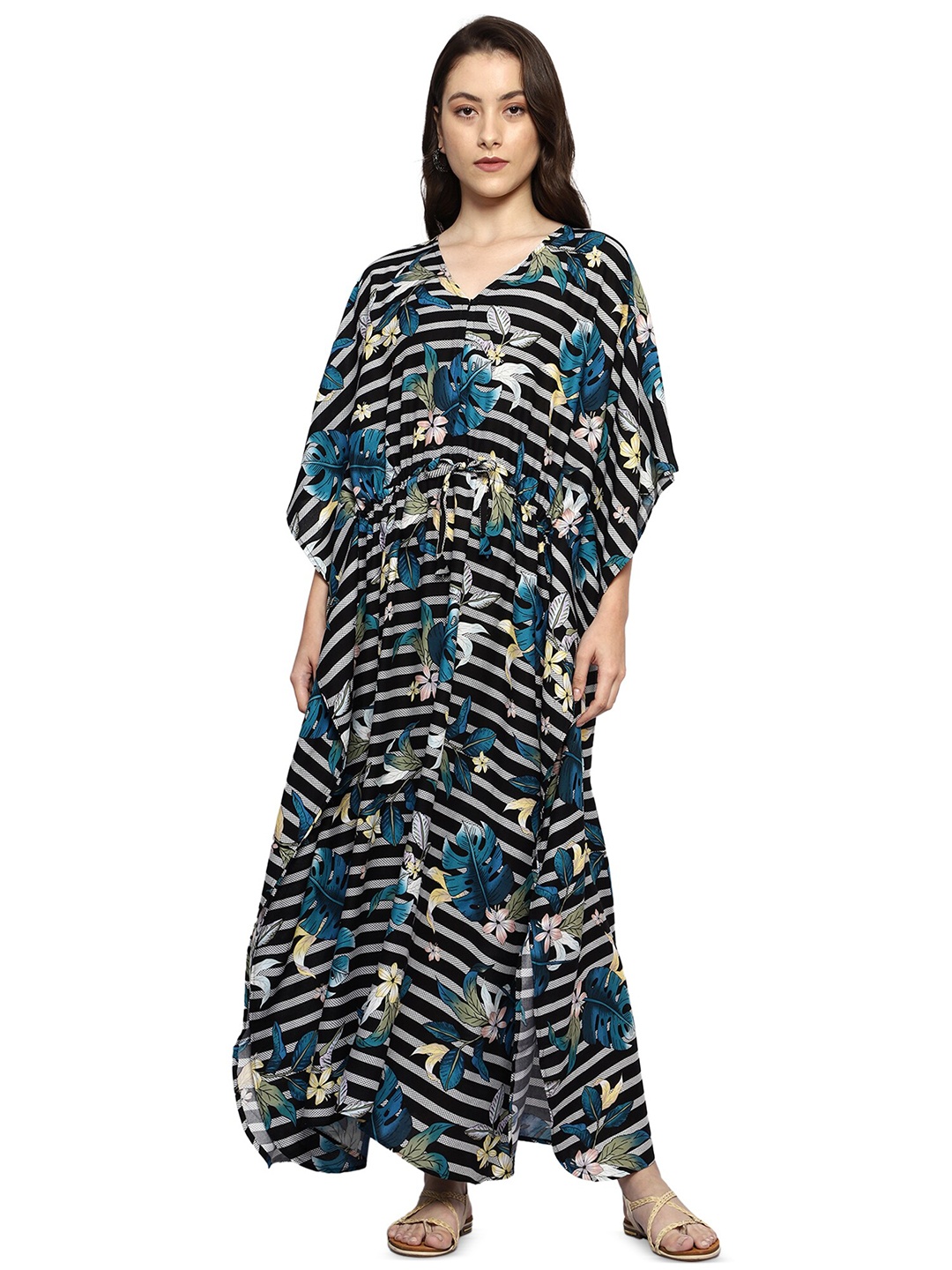 

CRAFTBAZAR Floral Printed Kimono Sleeve Tie-Up Maternity Kaftan Dress, Black