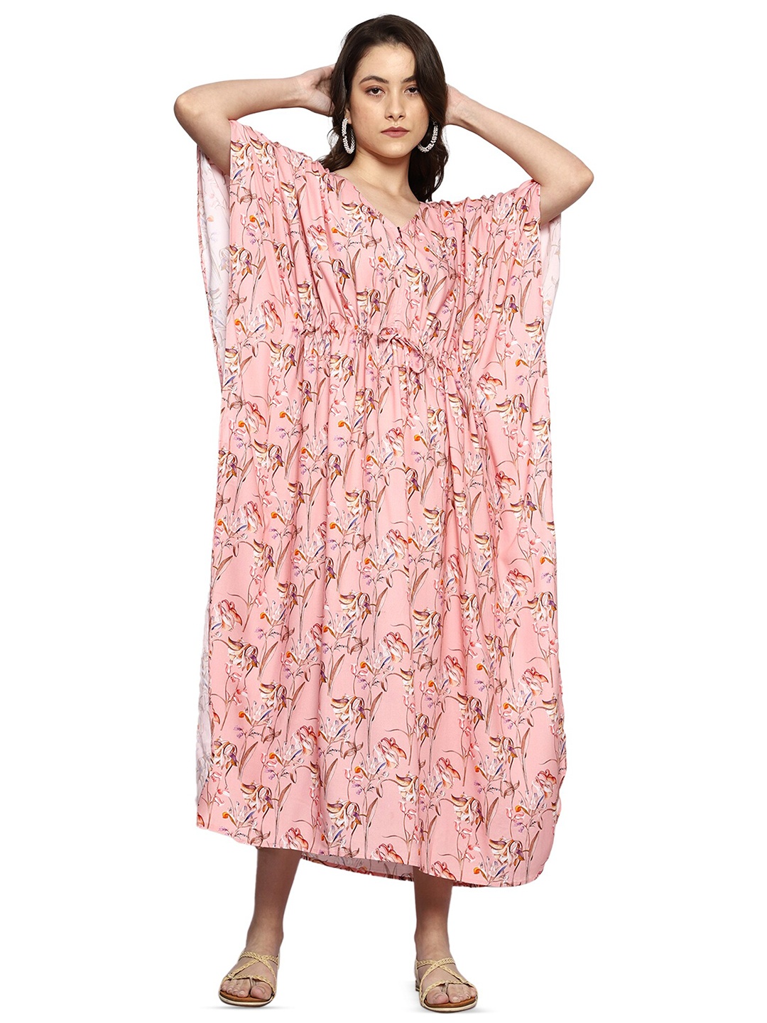 

CRAFTBAZAR Floral Printed Kimono Sleeve Tie-Up Maternity Kaftan Dress, Peach