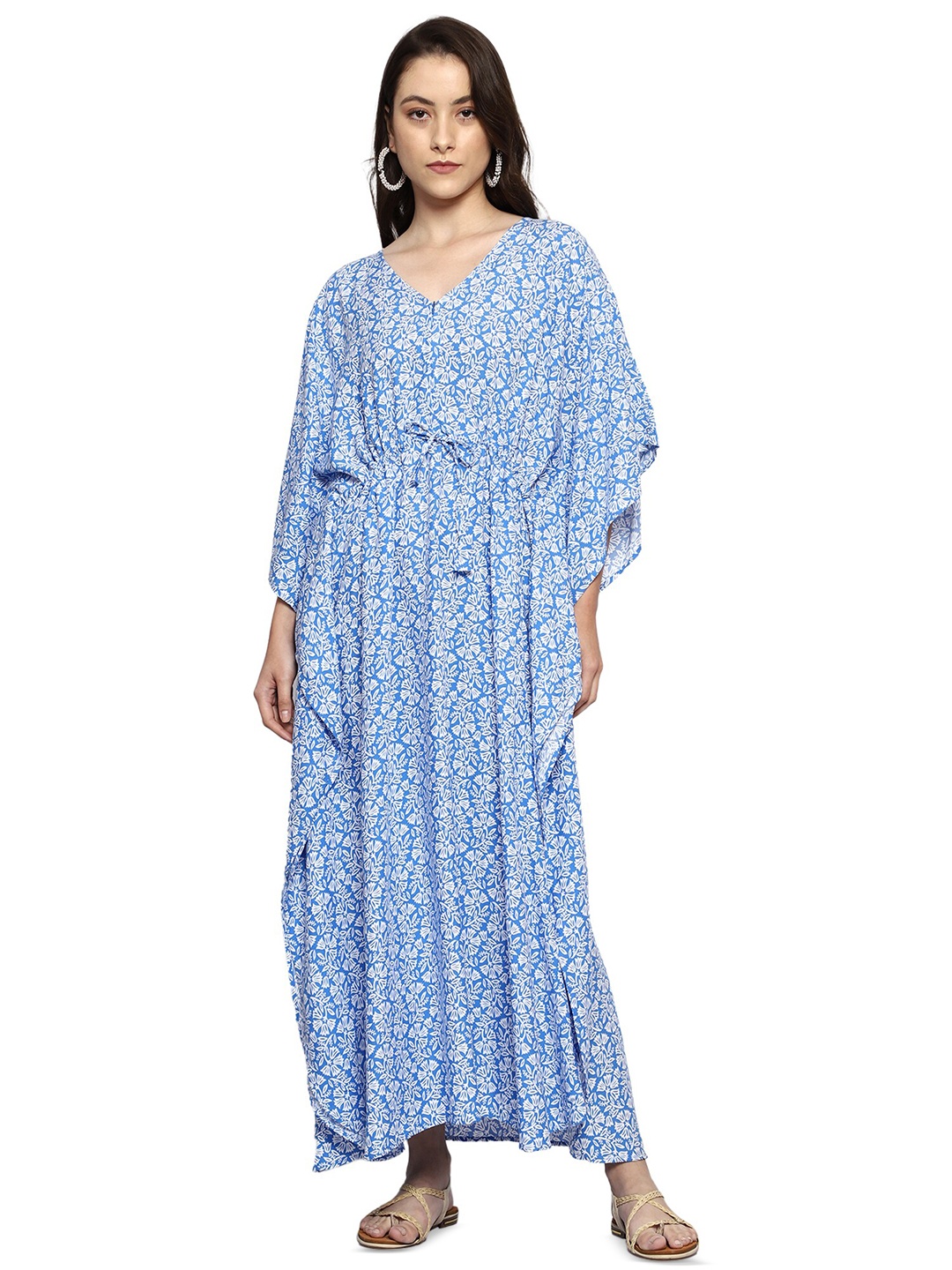

CRAFTBAZAR Floral Printed Kimono Sleeve Tie-Up Maternity Kaftan Dress, Blue