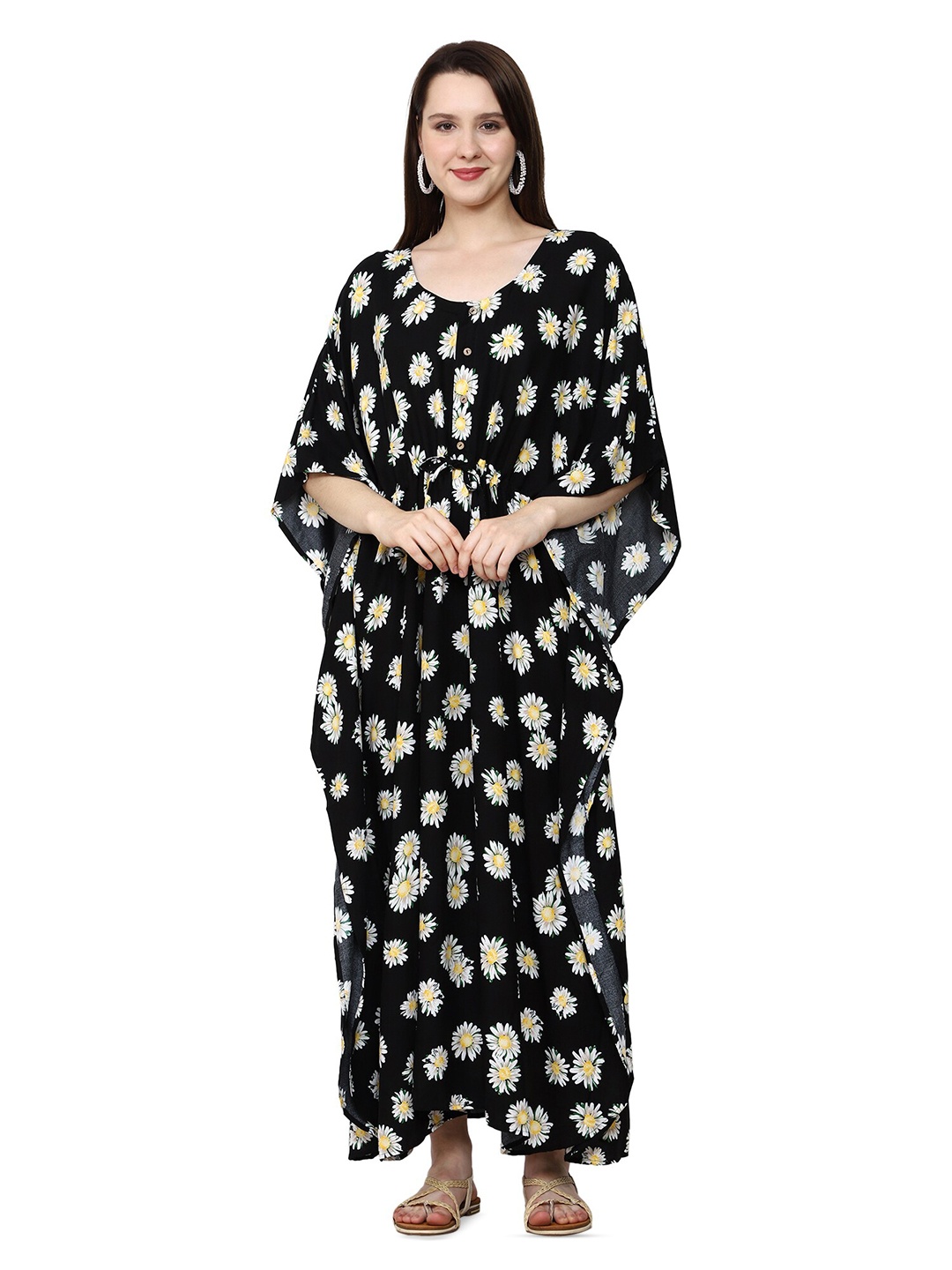 

CRAFTBAZAR Floral Printed Kimono Sleeve Tie-Up Maternity Kaftan Dress, Black