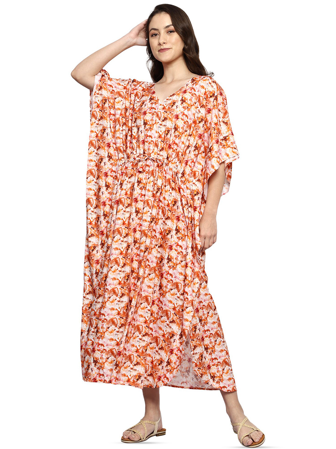 

CRAFTBAZAR Floral Printed Kimono Sleeve Tie-Up Maternity Kaftan Dress, Orange