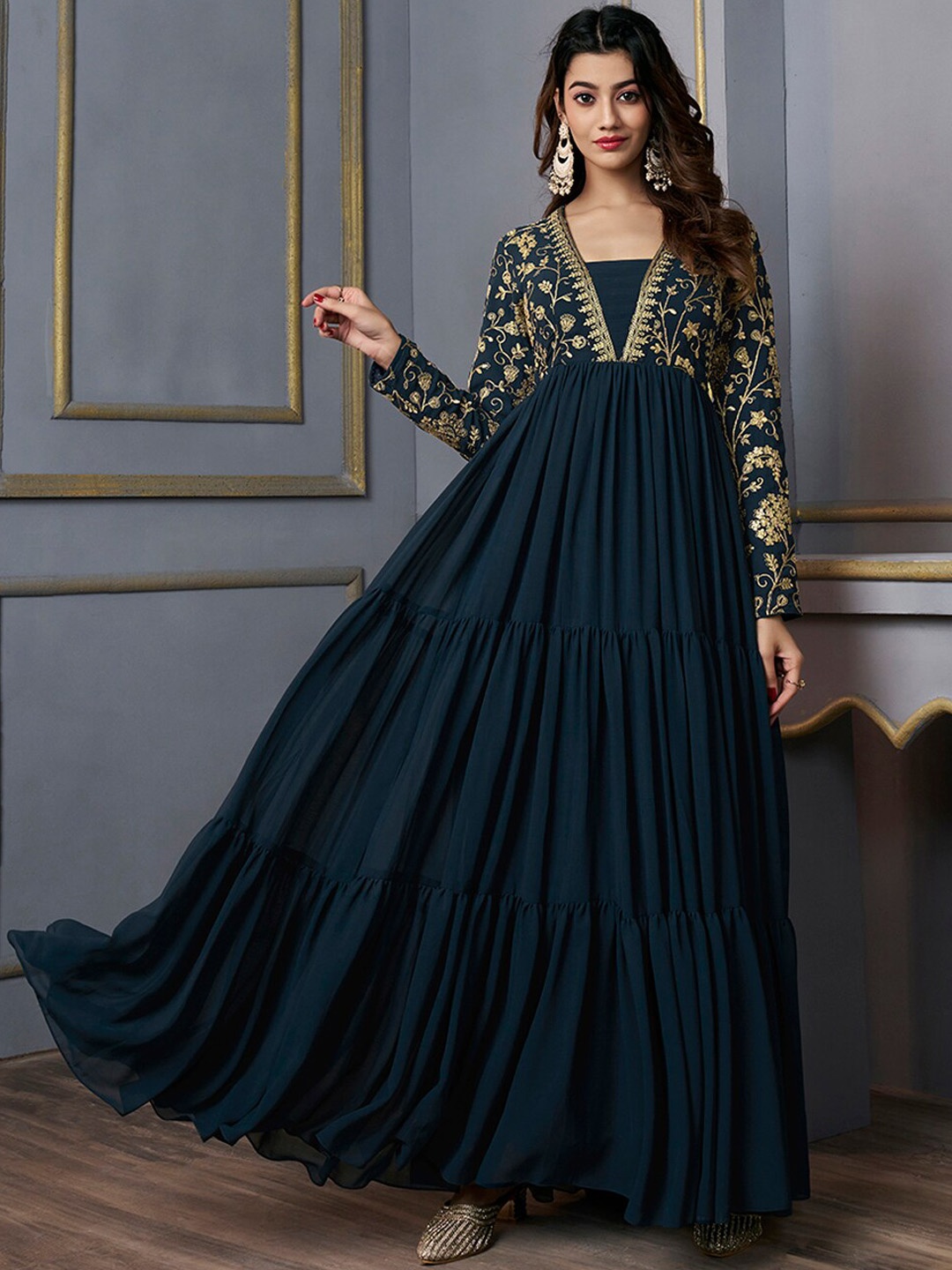 

Inddus Floral Embroidered Square Neck Fit & Flare Ethnic Maxi Dress, Teal