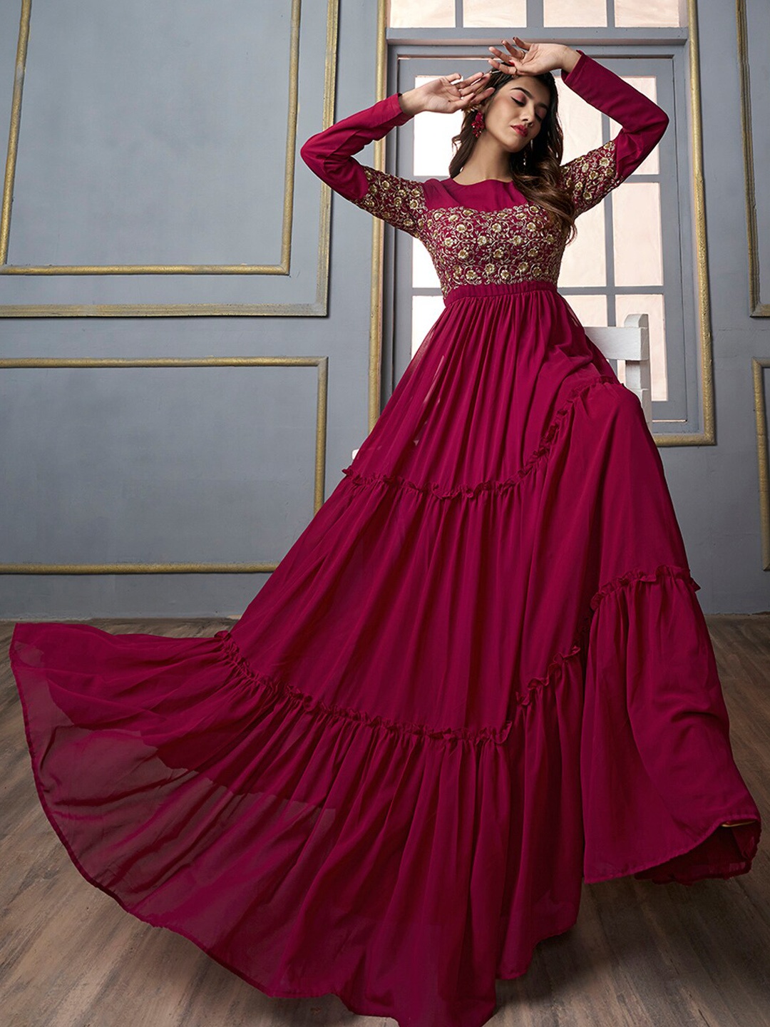 

Inddus Floral Embroidered Gathered Detail Tiered Fit & Flare Ethnic Maxi Dress, Magenta