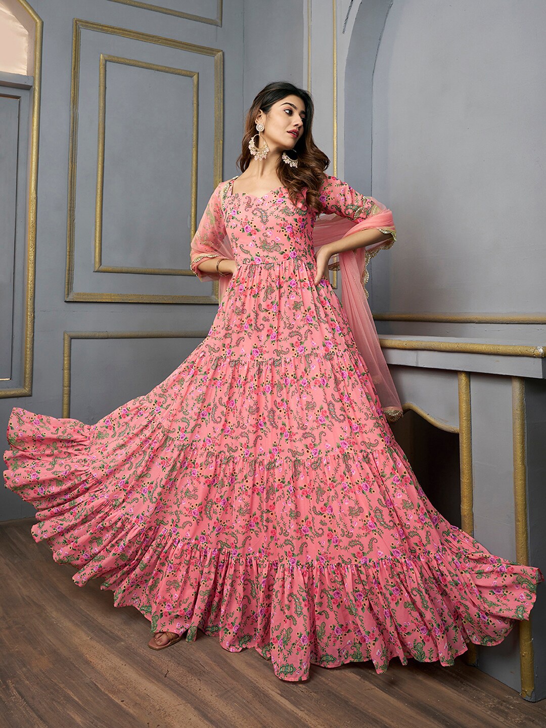 

Inddus Floral Printed Sequinned Floral Georgette Anarkali Kurta With Dupatta, Pink